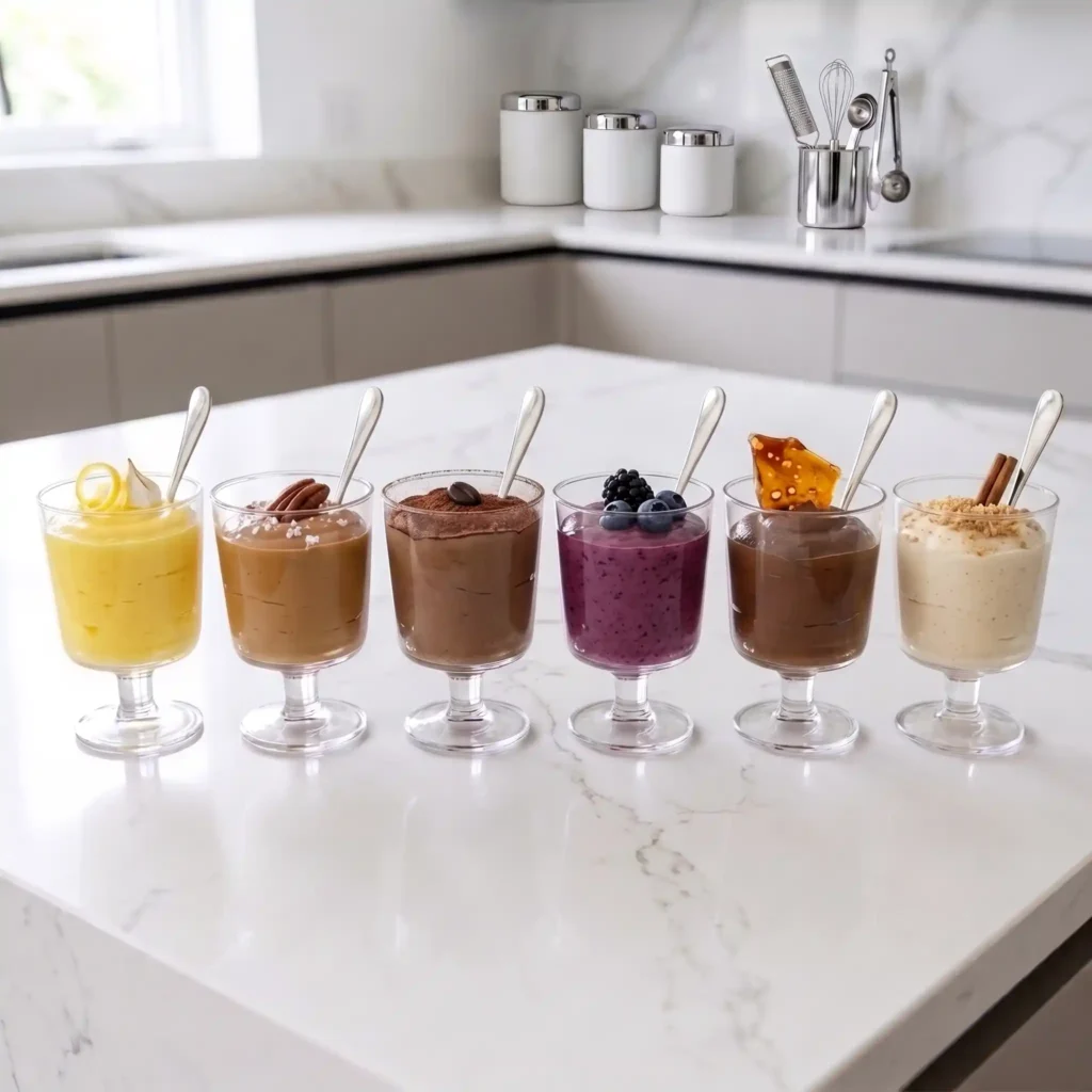 A neat row of six elegant glass dessert tumblers filled with various cottage cheese mousse flavors and individual silver spoons on a white quartz counter.