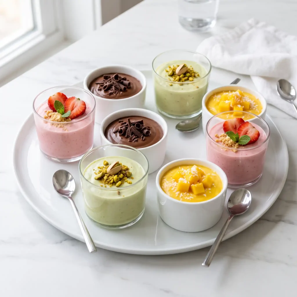 A close-up shot of a silver spoon scooping thick, perfectly smooth, lump-free vanilla cottage cheese mousse from an elegant glass tumbler on a white quartz counter.